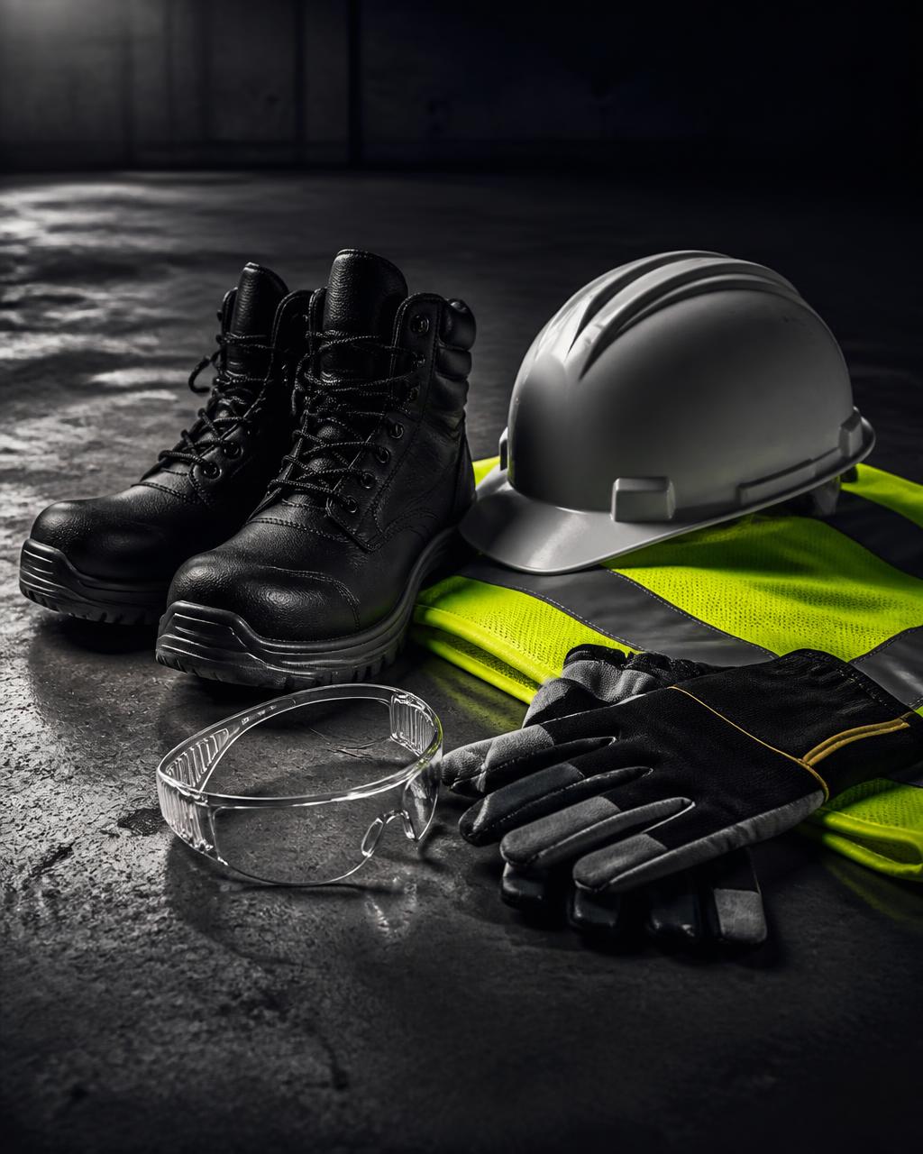 Safety boots, hard hat, hi-vis vest, gloves and safety glasses on concrete
