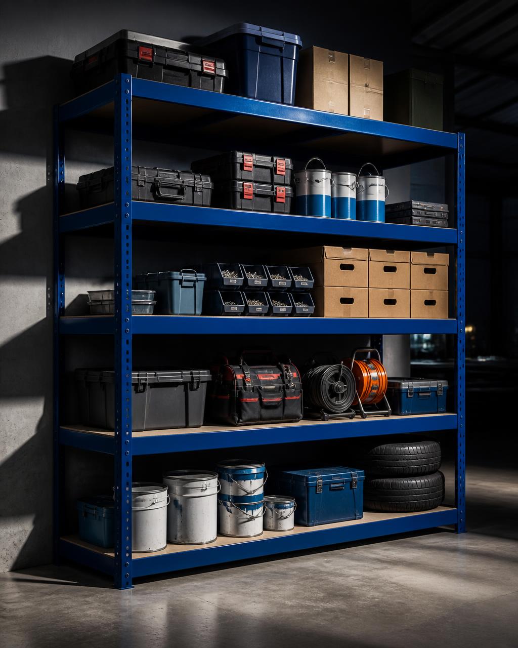 Blue heavy-duty steel shelving unit loaded with boxes and tools in a warehouse