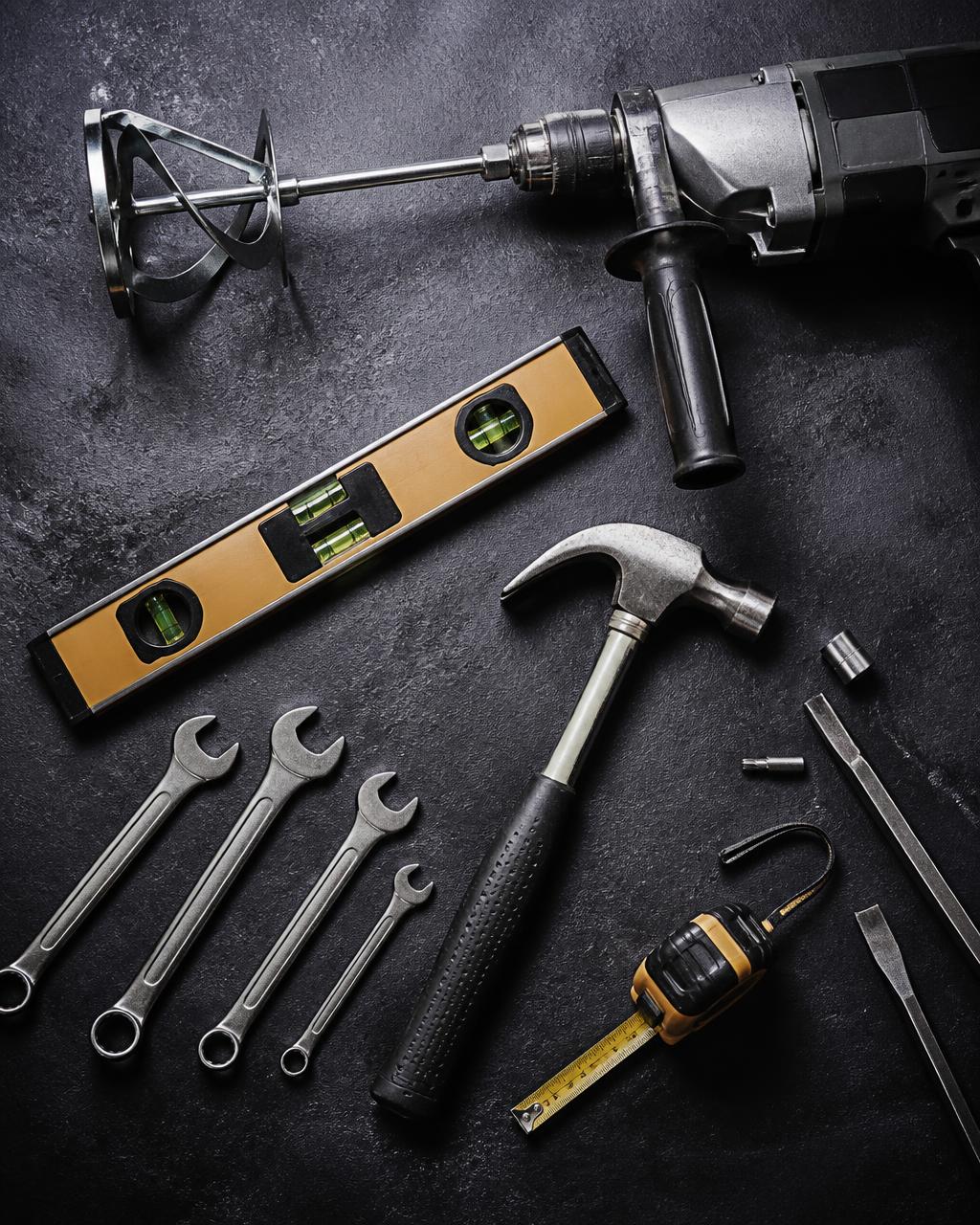 Flat lay of professional hand tools and a power drill on a dark workbench