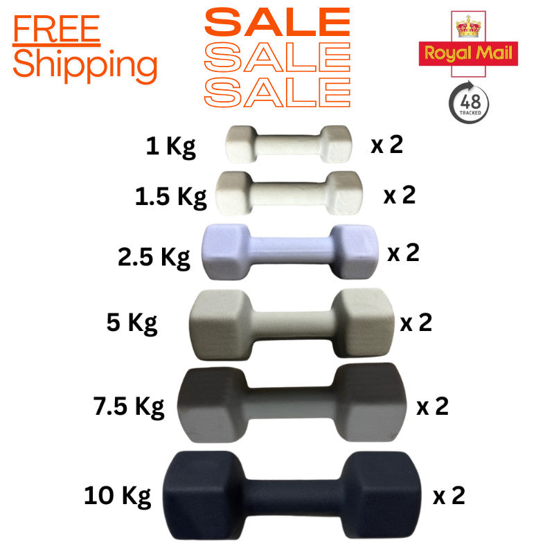 Hex Dumbbell Pairs Weight Set — 1kg to 10kg, Non-Slip Rubberised Gym Weights